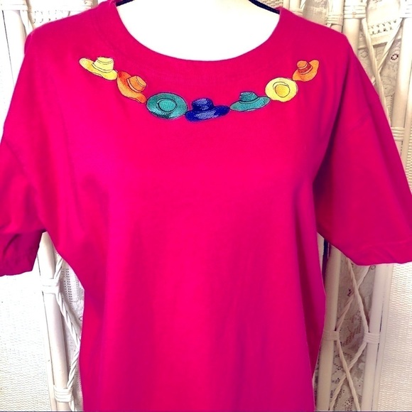Vintage 1990s Tee Pink Embroidered Hats Evan Picone Short Sleeve size Large - Picture 2 of 15